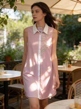 Paparazzi Pink Striped Sleeveless Floral Embroidered Button Down Shirt Dress XL